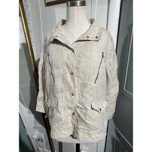 Chicos Linen Snap Front Jacket Flax Solid 3/4 Length Sleeves Size 1 Medium